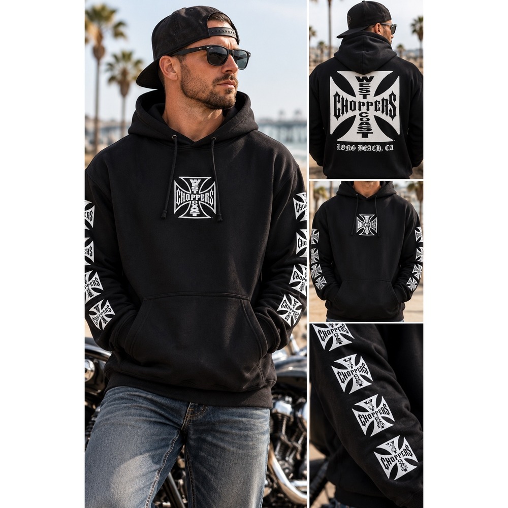 West Coast Choppers Long Beach CA Iron Cross Logo Hoodie Black Mens XL